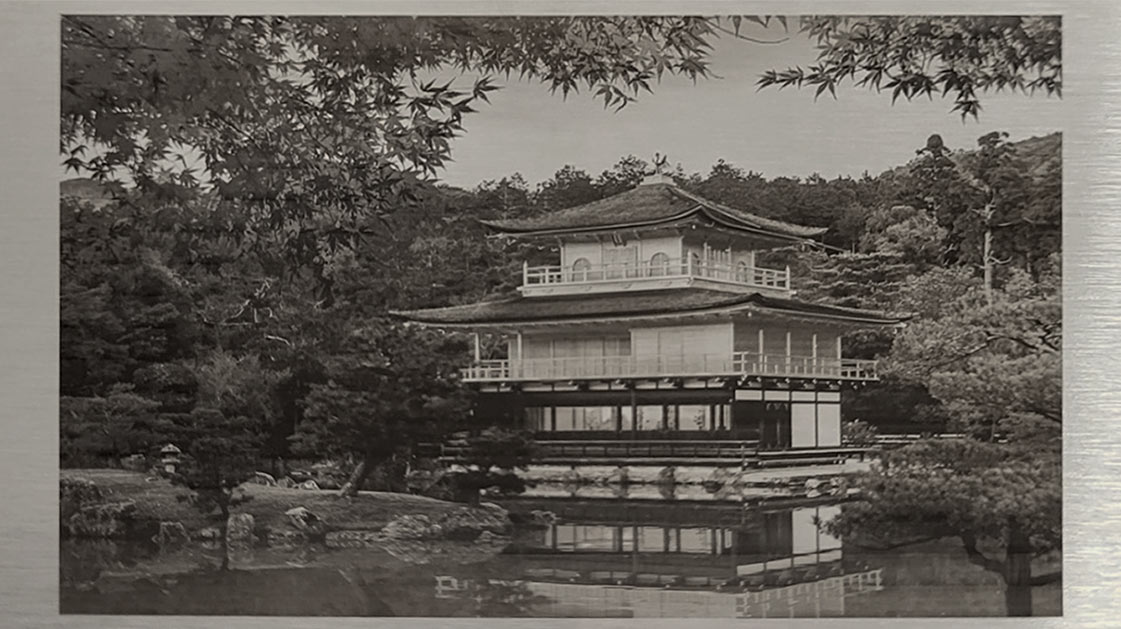 Half tone marking for grayscale images on stainless steel.